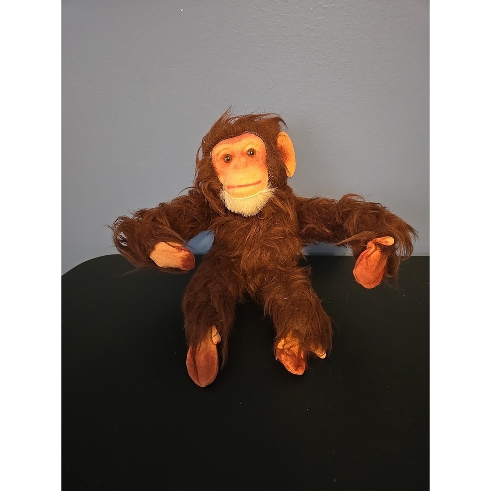 Vintage 1940s Straw Filled Long Hair Plush Monkey Chimp CHUCKLES Toy, 10" Tall